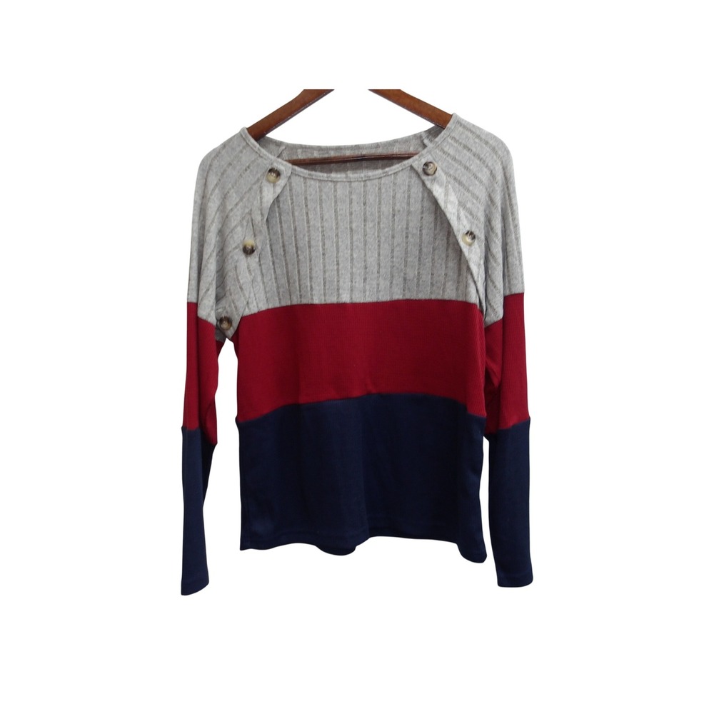 Cupshe Colorblock Button Detail Ribbed Knit Top Gray Red Navy‎ Sz S / #1165